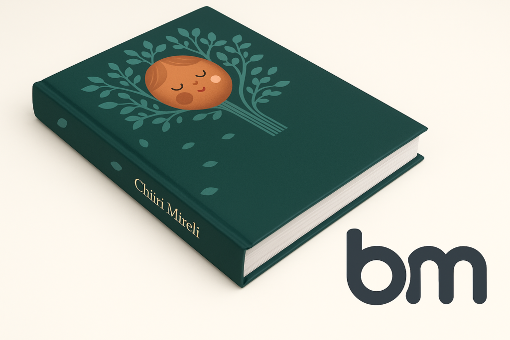 Detail van een hardcover boek met stevige kaft en goudfolie rugtitel, naast het Boekenmakers-logo.