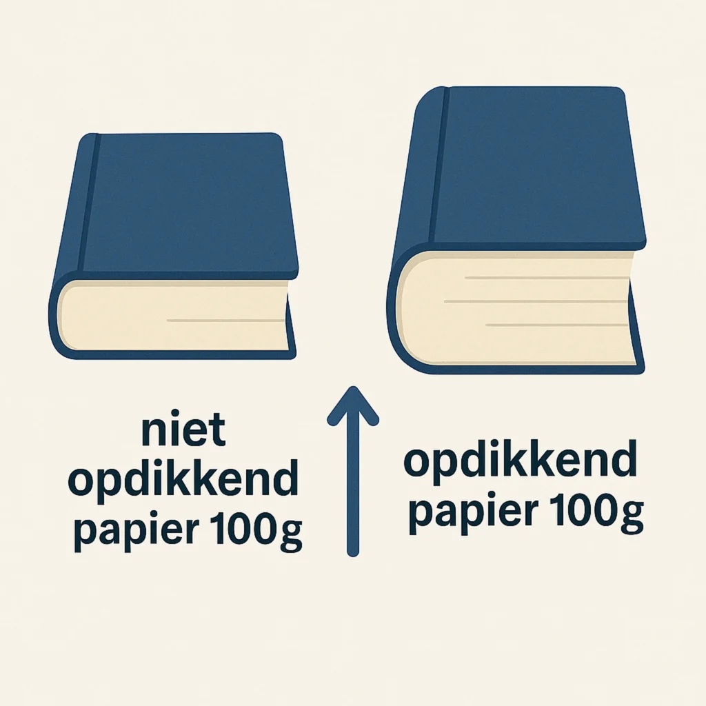 Illustratie van twee boeken: een dun boek met “niet opdikkend papier 100g” en een dikker boek met “opdikkend papier 100g”, gescheiden door een pijl omhoog.