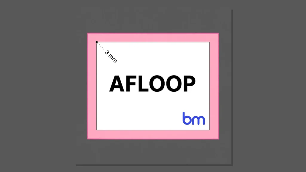 Schematische uitleg van 3 mm afloop (bleed) rondom een drukbestand, met Boekenmakers-logo.