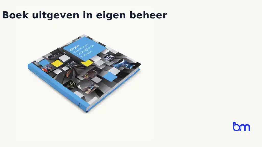 Liggende banner met boekcover en titel ‘Boek uitgeven in eigen beheer’, met Boekenmakers logo rechtsonder.