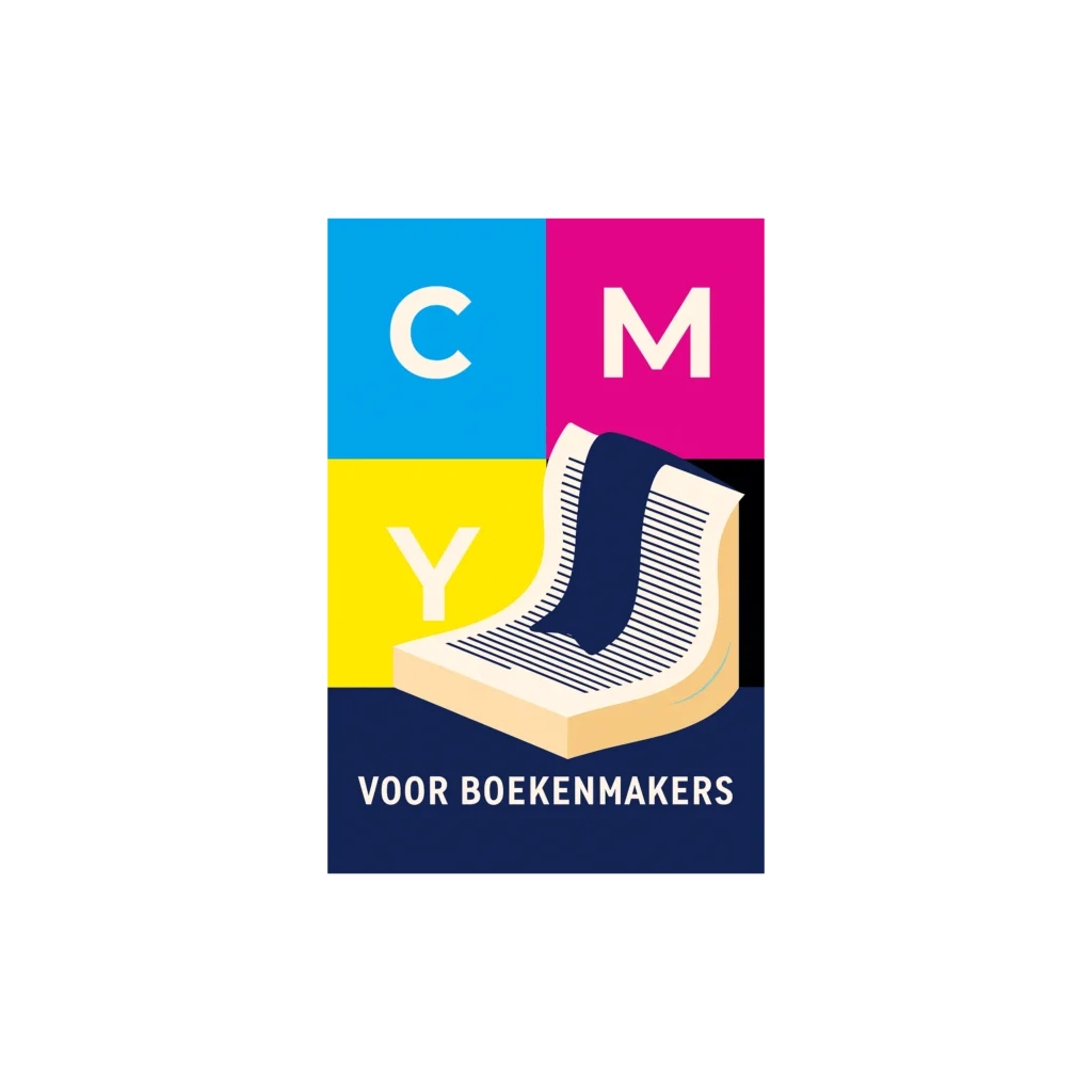 Illustratie van een openliggend boek met CMYK-kleuren (cyaan, magenta, geel en zwart), speciaal ontworpen voor Boekenmakers – symbool voor professioneel drukwerk en opmaak in CMYK voor boeken.