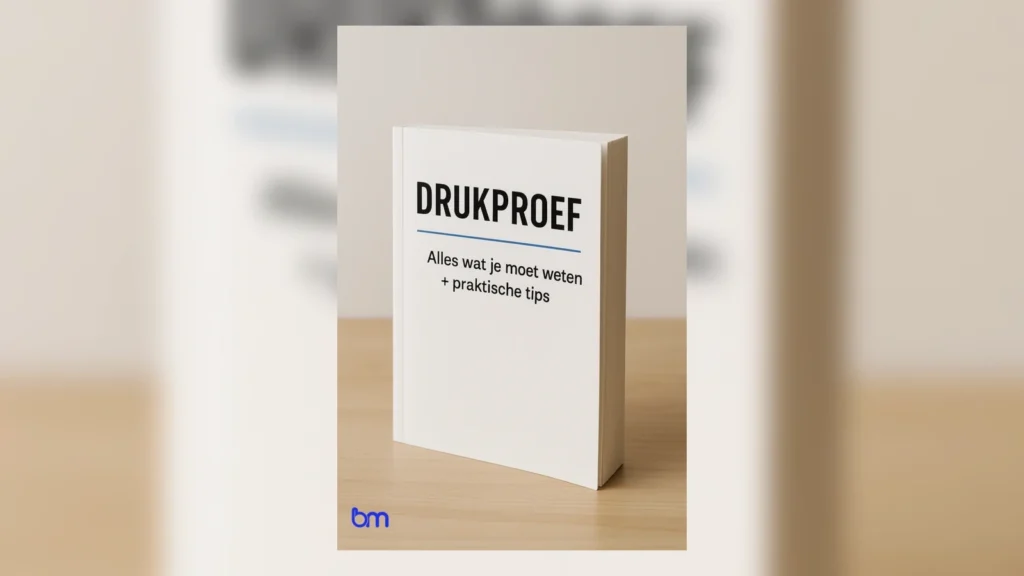 Boek met titel Drukproef op een houten tafel, linksonder voorzien van het blauwe BM-logo.