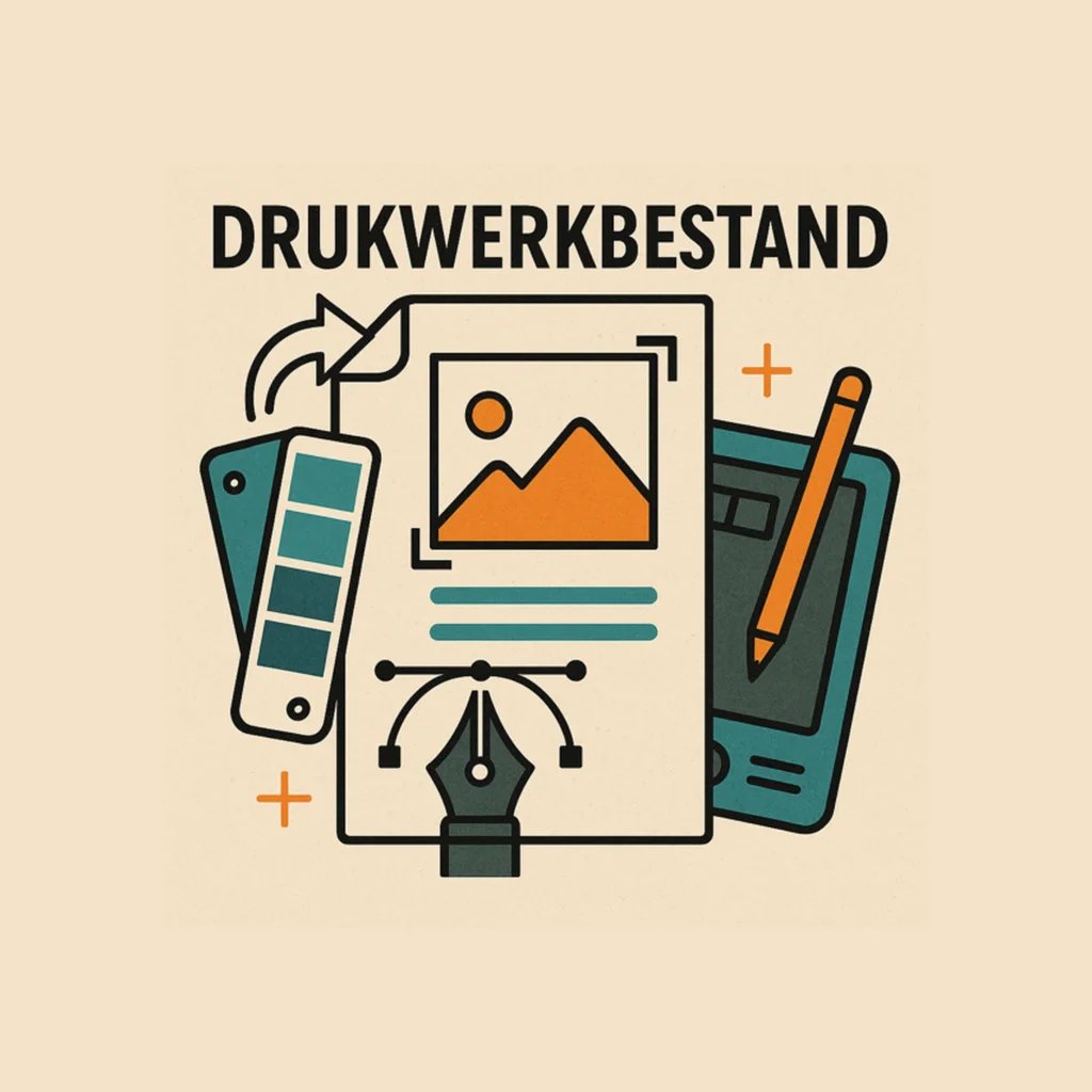Gestileerde illustratie met grafische elementen zoals een papiervel, kleurstaal, pentool, tekentablet en de tekst “DRUKWERKBESTAND” in hoofdletters erboven.