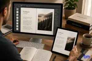 Vormgever werkt aan professionele publicatie als EPUB -opmaak op desktop en tablet in warme werkruimte
