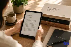 Persoon leest een publicatie als EPUB ebook op e-reader aan houten tafel met professionele boeken van Boekenmakers