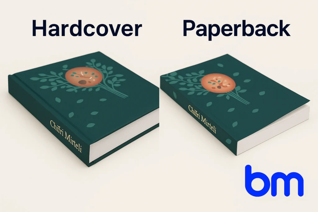 Hardcover versus paperback boek – vergelijking tussen een luxe hardcover met harde kaft en een paperback softcover, gedrukt door Boekenmakers