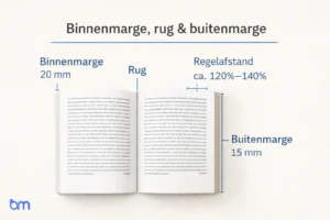 Infographic met binnenmarge, rug, buitenmarge en regelafstand in een boek binnenwerk (20 mm, 15 mm, 120–140%).
