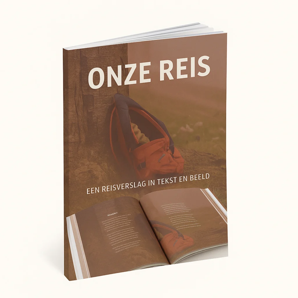 Afbeelding van een gedrukt reisboek met de titel “Onze Reis”, staand weergegeven met een kleurrijke kaft en opengelegde pagina’s vol tekst en beeld.