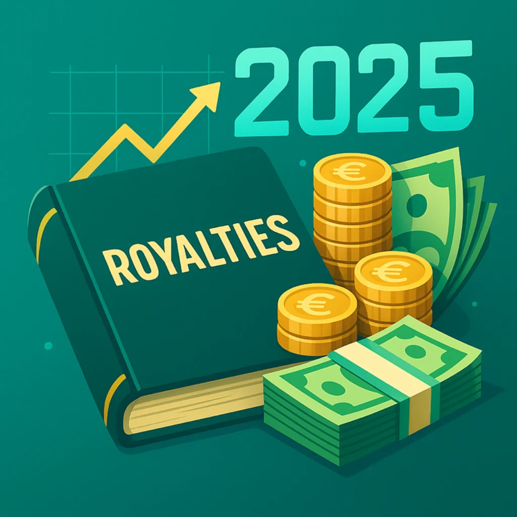 Illustratie van een boek met het woord “ROYALTIES”, stapels munten en papiergeld, en het jaartal 2025 op een groene achtergrond.