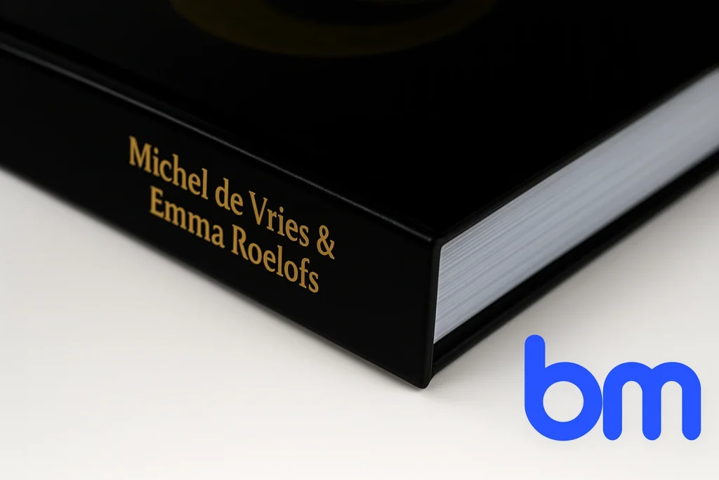 Close-up van een hardcover boek met zwarte kaft en goudfolie rugtekst, professioneel gedrukt door Boekenmakers.