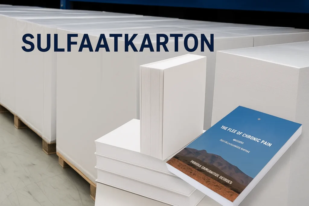 Stapel sulfaatkarton met een gedrukt boek op de voorgrond