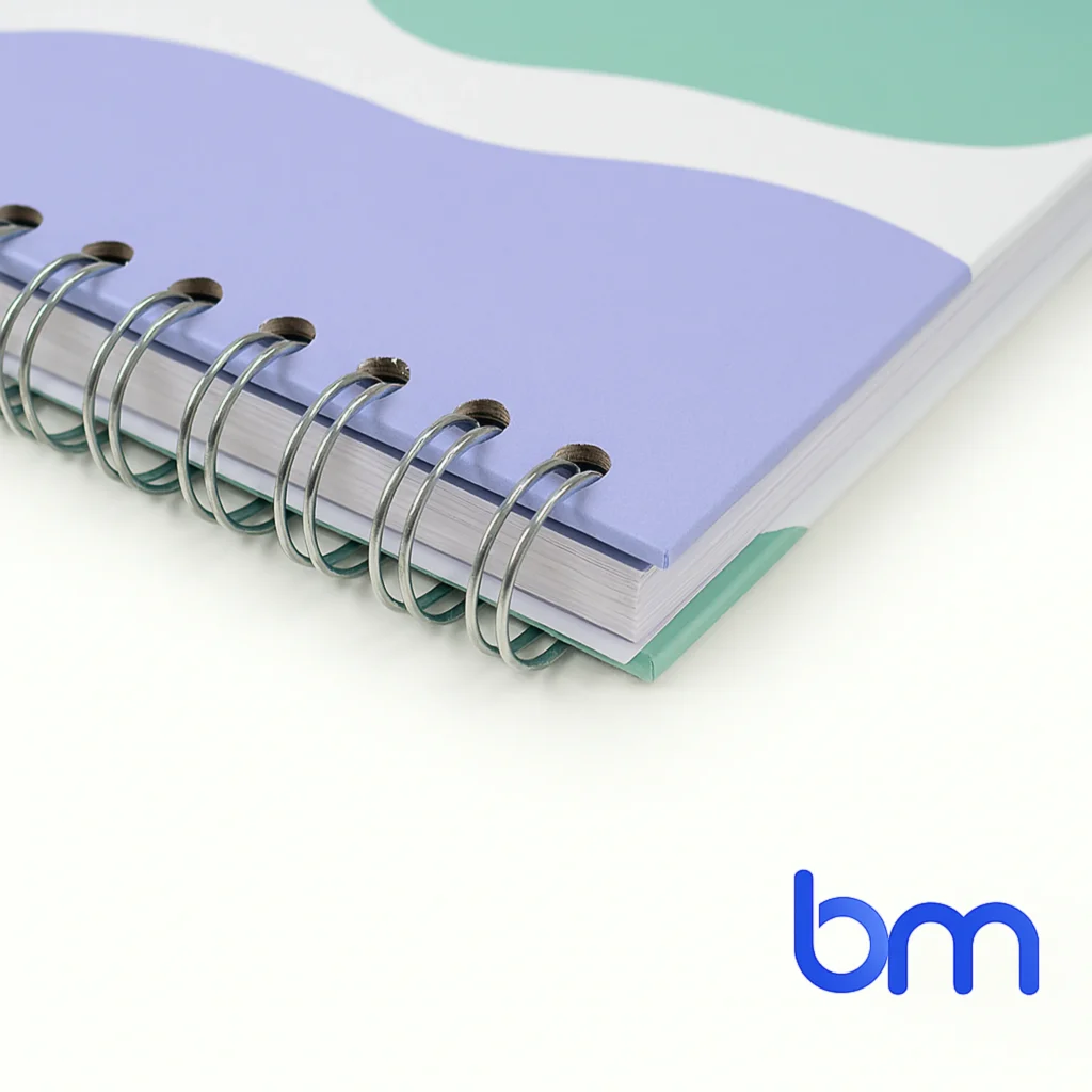 Close-up van Wire-O boekbinding met metalen spiraal, ontwerp met pastelkleuren en Boekenmakers logo.