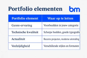 Grafische tabel met portfolio elementen: genre-ervaring, technische kwaliteit, actualiteit en veelzijdigheid, met bijbehorende aandachtspunten zoals voorbeelden in categorie, scherpe beelden, recente projecten en verschillende stijlen.