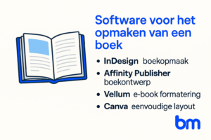 Illustratie van een open blauw boek met daarnaast de titel “Software voor het opmaken van een boek” en een lijst met InDesign, Affinity Publisher, Vellum en Canva, met het blauwe Boekenmakers-logo rechtsonder.