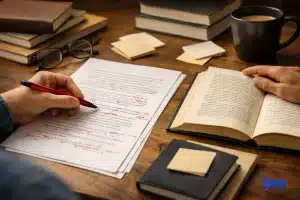 Editor corrigeert manuscript met rode pen naast open boek op werktafel