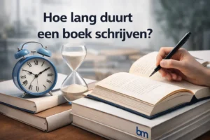 Hoe lang duurt een boek schrijven – open boek met klok en zandloper op bureau