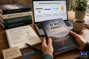 Handen houden boek vast op werktafel met laptop over distributiekanalen zoals Amazon en Bol.com