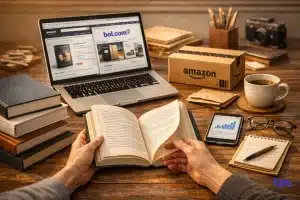 Open boek met laptop en verkoopplatforms voor online boekverkoop