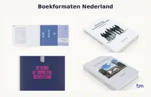 Collage van vier boekvoorbeelden in verschillende boekformaten met het Boekenmakers logo – passend bij boekformaten in Nederland.