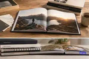     Open fotoboek op tafel met voorbeeldboeken en verschillende bindwijzen en papiersoorten
