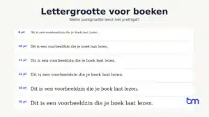 Infographic met titel ‘Lettergrootte voor boeken’ en voorbeelden van tekst in 9 tot 16 punt, met Boekenmakers logo rechtsonder.