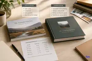 Softcover en hardcover boek vergelijken op een werktafel met kostenoverzicht en professionele afwerking