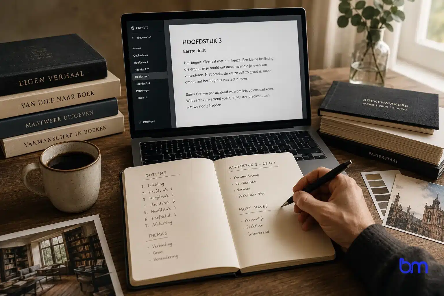 Auteur werkt met laptop, notitieboek en boeken aan een manuscript met AI, centraal staat boek schrijven met AI