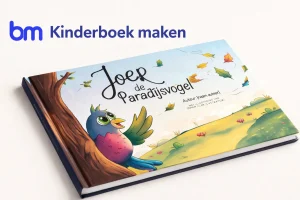 Kinderboek maken met hardcover prentenboek en illustraties van kleurrijke vogel