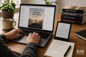 Persoon werkt aan ebook op laptop met e-reader en publicatiechecklist op bureau