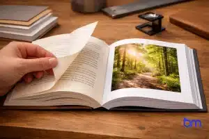 Hand bladert door boek met verschil in papier en Boekenmakers logo rechtsonder