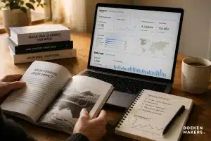 Open boek en laptop met verkoopcijfers op warme werkplek, inzicht in boekverkopen en prestaties