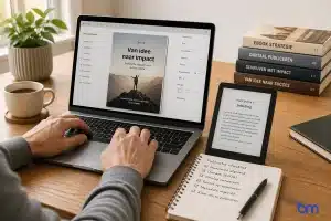 Persoon werkt aan ebook op laptop met e-reader en boeken op houten bureau