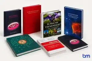 Meerdere hardcover boeken van hoge kwaliteit op tafel, zichtbaar papier, binding en omslagen voor hardcover boek drukken