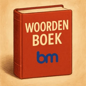 Woordenboek maken met Boekenmakers ā ontwerp, opmaak en drukwerk Creatieve illustratie van een woordenboek met het Boekenmakers-logo, symbool voor professioneel woordenboek maken, ontwerpen en drukken.