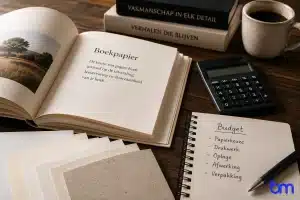 Boekpapier, papierstalen en budgetplanning voor boekdrukwerk op een professionele werktafel.