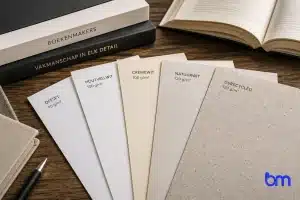 Papierstalen van offsetpapier, houtvrij wit, crèmewit en gerecycled papier voor professioneel boekdrukwerk op een houten werktafel. Alles om je papiertype te kiezen.
